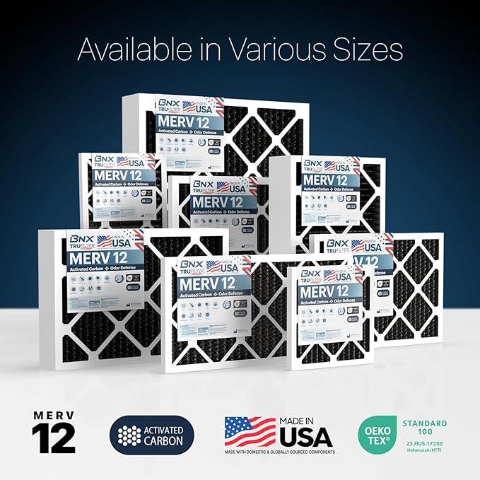 BNX TruFilter 18x18x1 MERV 12 Odor Defense (2-Pack) AC Furnace Air Filter with Activated Carbon - MADE IN USA - Pleated Air Conditioner HVAC AC Furnace Filters - Removes Odor, Mold, Bacteria, Smoke