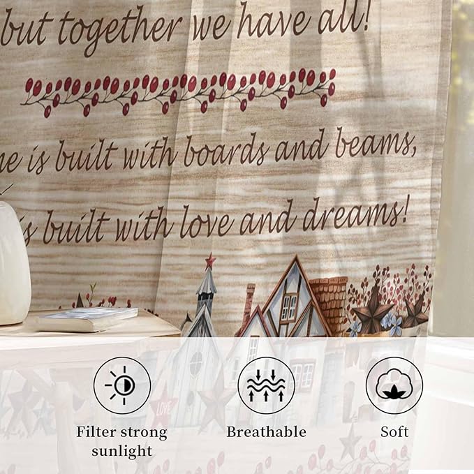 Farmhouse Sheer Curtains 45 Inch Length Brown Country Star Berry Vintage Wood Grain Chiffon Curtain for Bedroom Living Room Light Filtering Window Treatments Voile Curtains Drapes for Kitchen