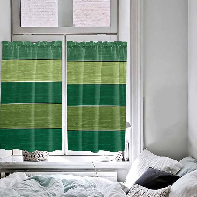 Farm Retro Green Wood Grain Window Valance Curtains, Rustic Wooden Plank Texture Light Filtering Kitchen Valance with 3-inch Rod Pocket for Living Room Bathroom Bedroom,2 Panel,52x45In