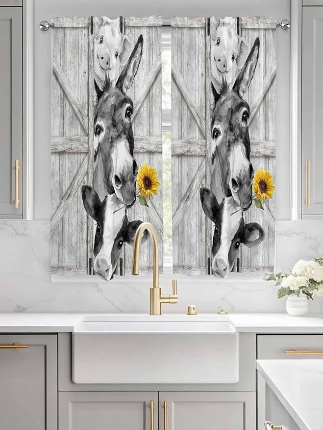 Grey Farmhouse Living Room Curtains 72 Inches Length, Vintage Sunflowers Animals Printed Window Treatment Curtain Drapes, Light Filtering Drapes for Bedroom Laundry Room, 52"x72", 2 Panels