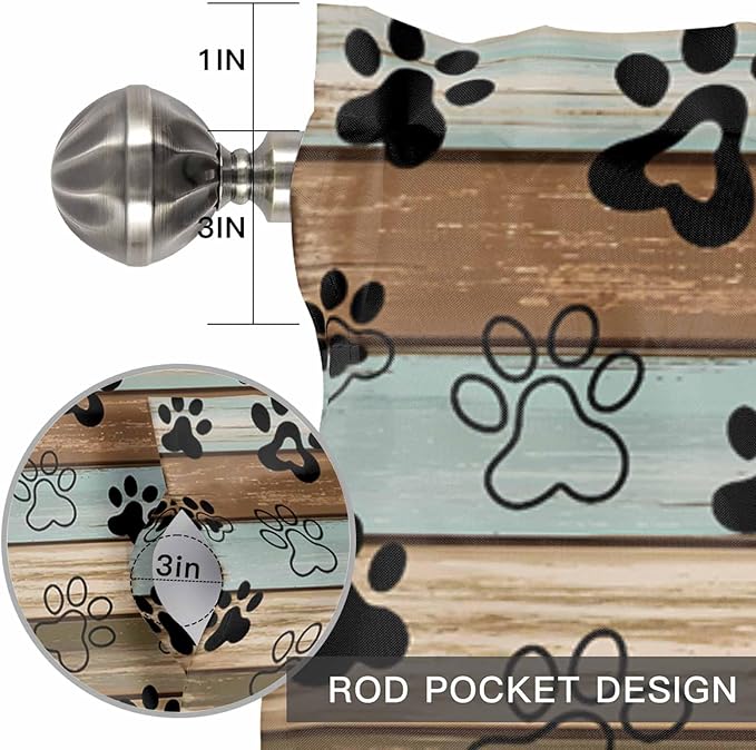 Dog Paws Valances for Windows, Teal Brown Wood Grain Kitchen Valance Light Filtering Rod Pocket Short Curtains for Kitchen Bathroom, 1 Panel, 56"x16"