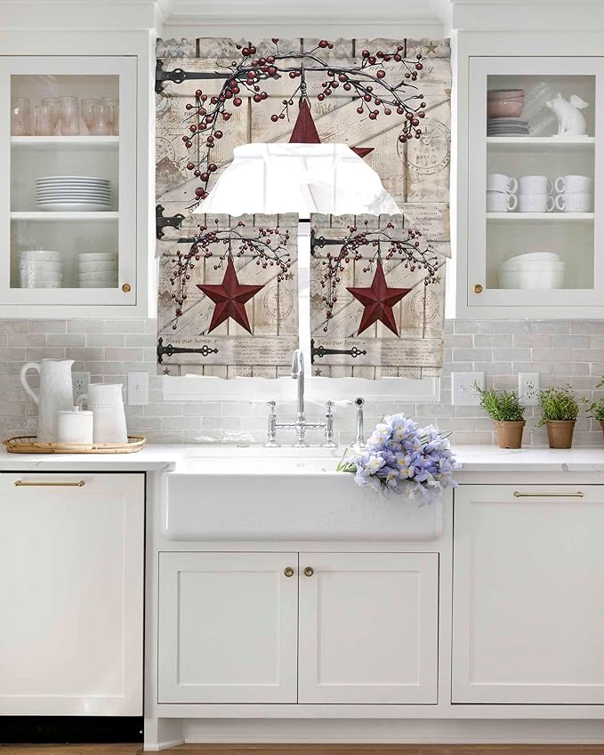 Village Stars Swag Kitchen Curtains Valance and Tier Set, Vintage Dark Red Star Berry Beige Barn Doors Light-Filtering Swag Valance 36 Inch Length, Rod Pocket Short Curtain for Bedroom Cafe