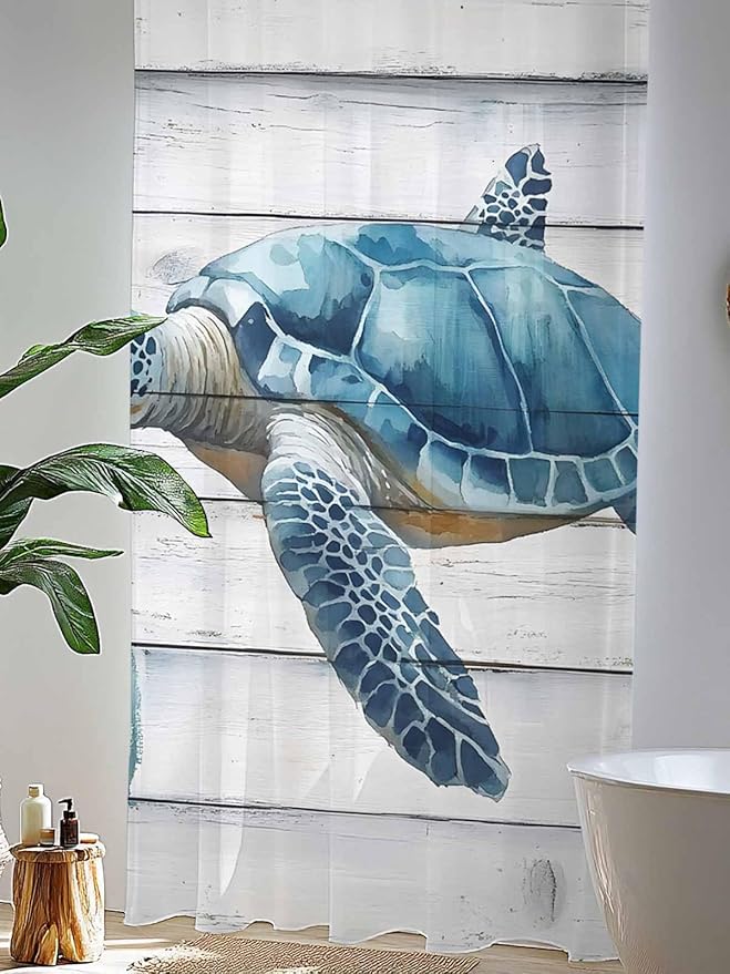 Sheer Curtains 84 Inches Long, Sea Turtle Blue Semi Sheer Curtains Light Filtering Window Treatment, Coastal Ocean Seaweed Wood Grain Privacy Voile Drapes for Living Room Bedroom 52x84 Inch