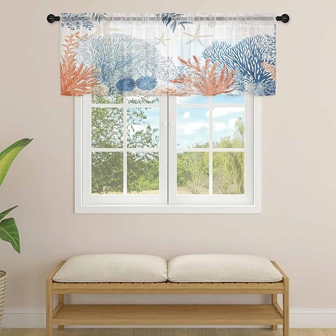 Ocean Corals Sheer Valance Curtains, Summer Beach Coral Sea Stars Light Filtering Kitchen Valances Rod Pocket Voile Curtain Window Treatment for Bedroom/Living Room/Basement 54Wx18L