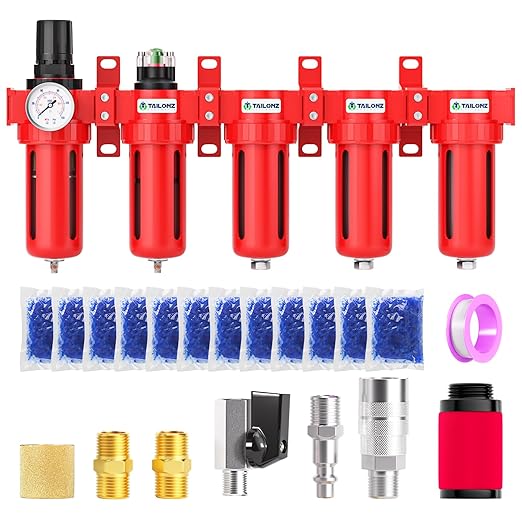 TAILONZ PNEUMATIC 0-150PSI 3/8 Inch NPT Red Industrial Grade 5 Stage Air Drying System, Particulate Filter, Coalescing Filter, Three Desiccant Dryer and Air Regulator (Manual Drainage)
