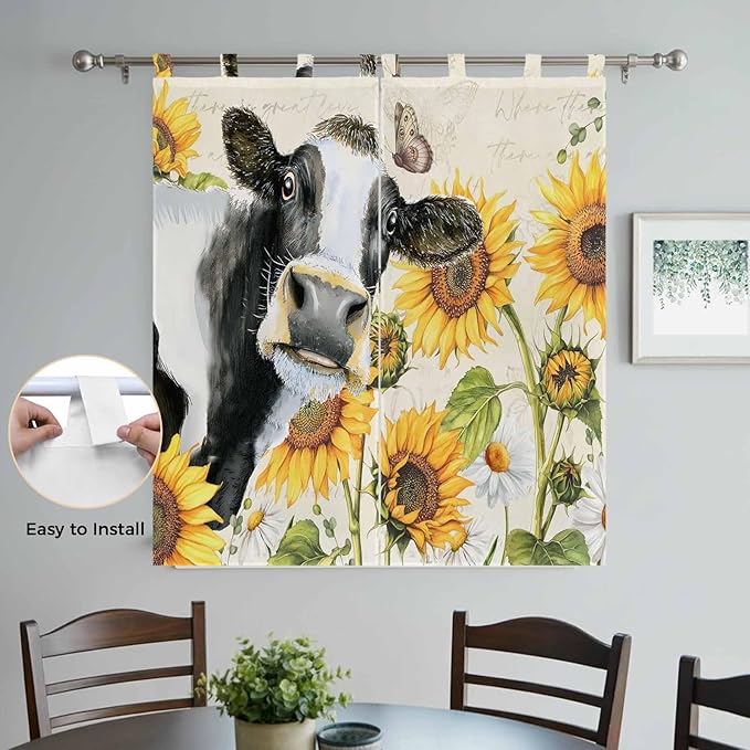 Yellow Sunflowers Bathroom Curtains 63 Inch Length, Window Curtains Tab Top, Country Cow Flower Butterfly Farmhouse Cream Light Filtering Window Treatments Drapes 52"x63" 2 Panel