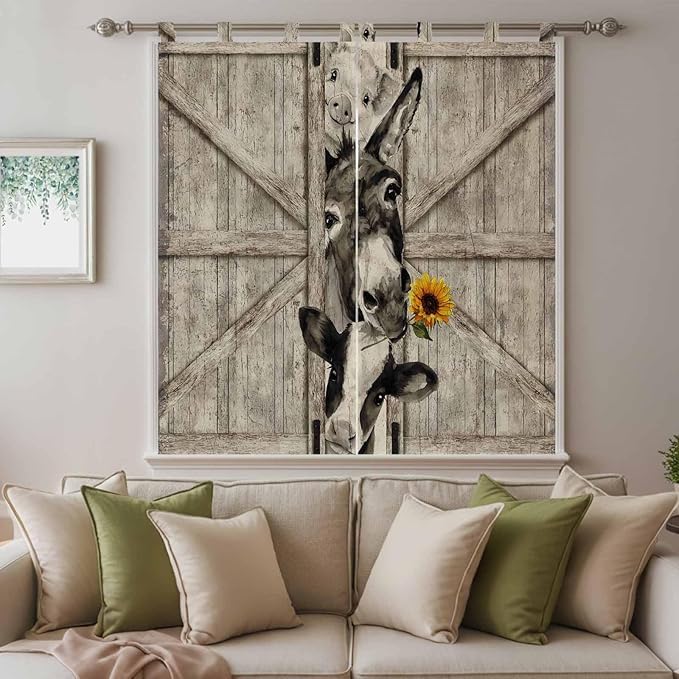 Funny Farm Animals Bedroom Curtains 72 Inch Length, Window Curtains Tab Top, Vintage Barn Brown Sunflowers Light Filtering Window Treatments Drapes 52"x72" 2 Panel