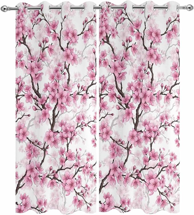 Cherry Flowers Outdoor Curtains for Patio Spring Flower Vintage Watercolor Waterproof Outside Curtains with Grommet Top Weatherproof Curtain for Cabana Pergola Gazebo, 2 Pack, 54" W x 84" L