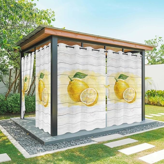 Lemons Yellow Summer Fruit Vintage Wood Outdoor Curtains for Patio Waterproof Outside Curtains with Grommet Top Weatherproof Curtain for Cabana Pergola Gazebo, 1 Panel, 54" W x 95" L