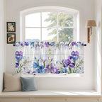 Spring Flowers Tier Curtains, Watercolor Garden Florals Wooden Grain Light Filtering Kitchen Curtains, 2Pcs Rod Pocket Half Window Treatments Panels for Sink Cafe Cabinet Camper 27.5x36 Inches