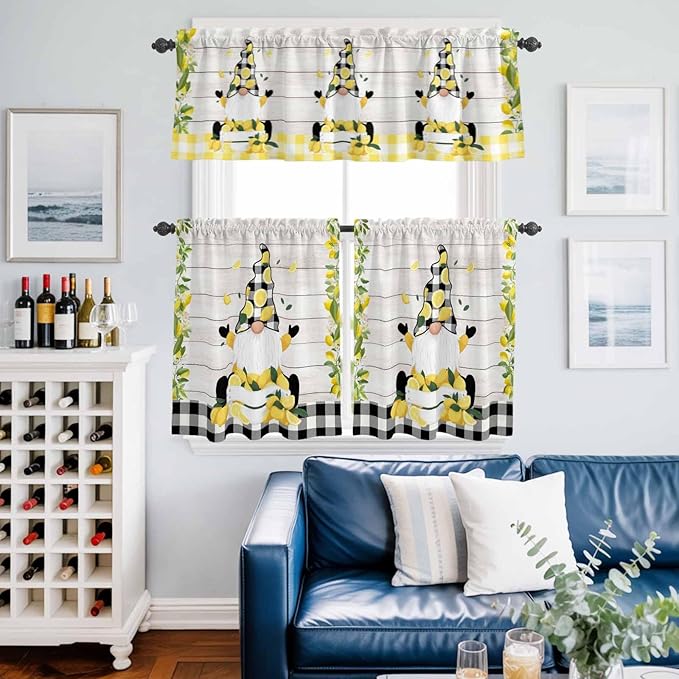 Lemon Gnomes Kitchen Curtains Set 3 Piece for Windows, Rod Pocket Valance and Tier Set 36 Inch Length, Summer Botanical Fruit Wooden Grain Plaid Light Filtering Cafe Curtains for Living Room Bathroom