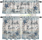 Kitchen Curtains Tiers and Valance Set of 3, Vintage Farmhouse Light Filtering Window Curtain Set, Blue Country Texas Star Vines Wooden Rod Pocket Curtain Drapes for Cafe, Living Room, 24 Inches Tiers