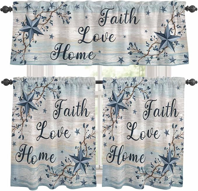 Kitchen Curtains Tiers and Valance Set of 3, Vintage Farmhouse Light Filtering Window Curtain Set, Blue Country Texas Star Vines Wooden Rod Pocket Curtain Drapes for Cafe, Living Room, 24 Inches Tiers
