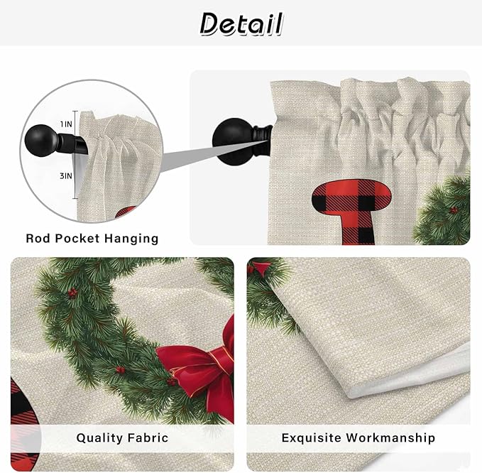 Red Green Christmas Kitchen Curtains 54 Inch Long 2 Panel Set, Rod Pocket Window Curtains Panels, Farmhouse Xmas Botanical Winter Light Filtering Drapery Draperies for Bathroom Bedroom 52"W x 54"L