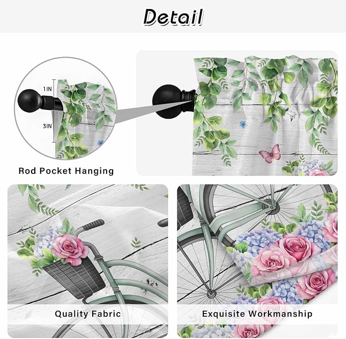 Spring Kitchen Curtains, Bicycles Botanical Rose Leaves Butterfly Wood Grain Light Filtering Window Curtain Panels, 2Pcs Rod Pocket Window Treatments Set for Study Room Bathroom Bedroom 52x54 Inches