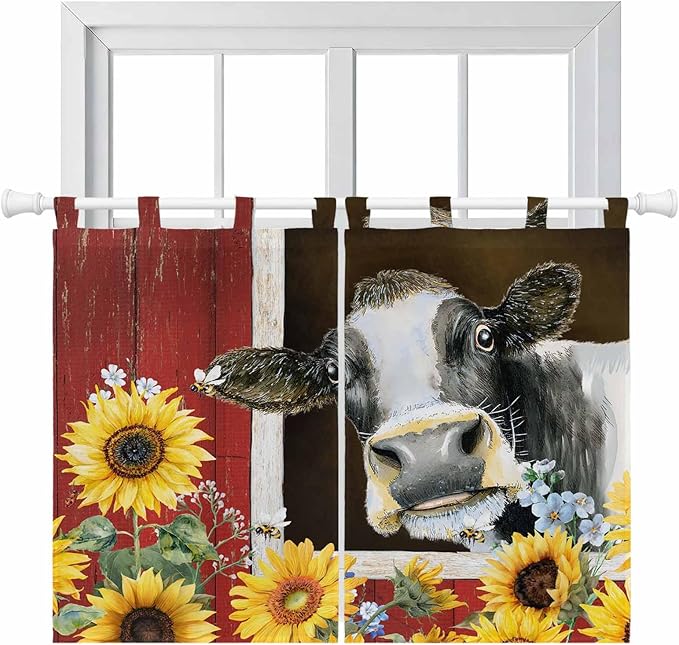 Cows Sunflowers Bedroom Curtains 63 Inch Length, Window Curtains Tab Top, Rustic Farms Barns Flowers Bees Animals Light Filtering Window Treatments Drapes 42"x63" 2 Panel