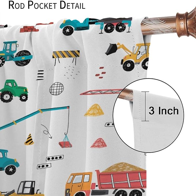 Construction Window Curtains, Kids Cartoon Construction Machines Building Hand Drawn Doodle Rod Pocket Decorative Windows Curtain for Children Teens Room Decor 63x63in (30% Blackout)