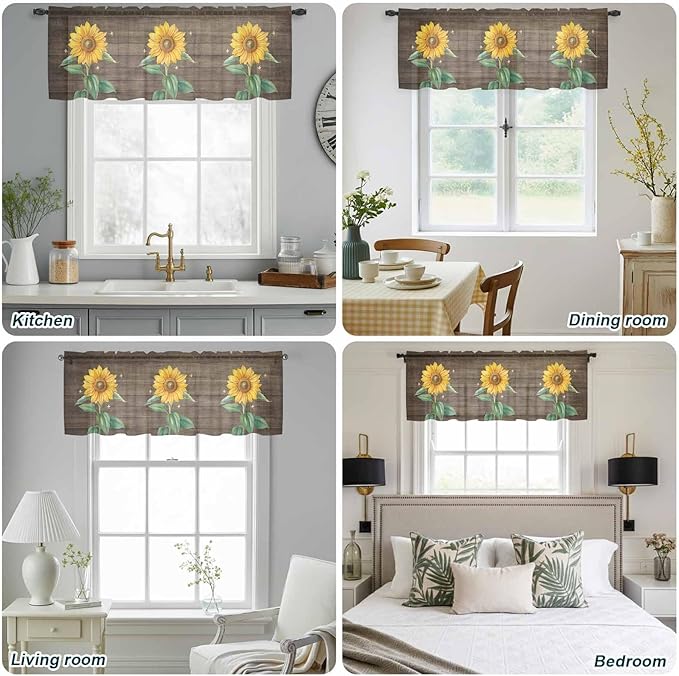 Summer Sunflower Sheer Valance Curtains, Yellow Floral Plants Bees Brown Wood Grain Light Filtering Kitchen Valances Rod Pocket Voile Curtain Window Treatment for Bedroom/Living Room/Basement 60Wx18L