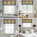 Summer Sunflower Sheer Valance Curtains, Yellow Floral Plants Bees Brown Wood Grain Light Filtering Kitchen Valances Rod Pocket Voile Curtain Window Treatment for Bedroom/Living Room/Basement 60Wx18L