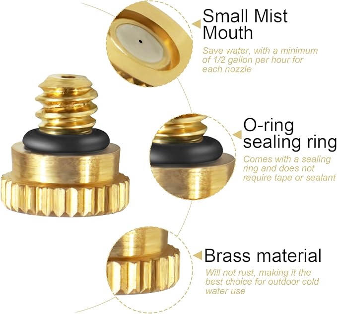 KUWAN 0.016" Orifice (0.4mm) Thread UNC 10/24 Brass Misting Nozzles Low Pressure Atomizing Misting Sprayer Water Hose Nozzle for Greenhouse, Landscaping, Outdoor Cooling Mister System (100PCS)