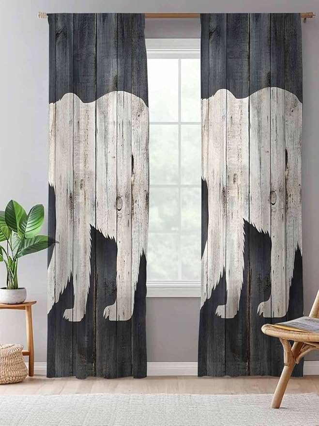Sheer Curtains 96 Inches Long, White Brown Bear Semi Sheer Curtains Light Filtering Window Treatment, Rustic Counrty Vintage Wood Grain Privacy Voile Drapes for Living Room Bedroom 52x96 Inch