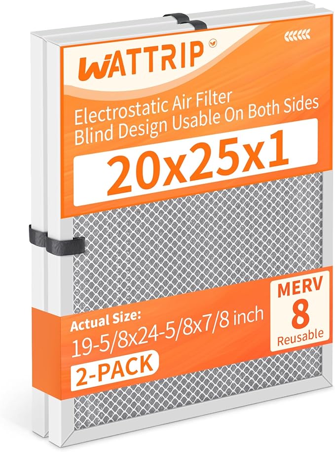 2-Pack 20x25x1 MERV 8 Reusable & Washable Electrostatic Air Filters - Long-Lasting Filter for HVAC, Furnace & Air Conditioner Units, Actual Size: 19-5/8” x 24-5/8” x 7/8”