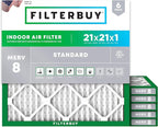 Filterbuy 21x21x1 Air Filter MERV 8 Essential Dust & Allergy Defense (6-Pack), Electrostatic Pleated HVAC AC Furnace Filters Replacement, Made in USA (Actual Size: 20.88 x 20.88 x 0.75)