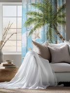Sheer Curtains 63 Inch Length, Coastal Beach Blue Semi Sheer Curtains Light Filtering Window Treatment, Tropical Coconut Tree Vintage Wood Grain Privacy Voile Drapes for Living Room Bedroom 52x63 Inch