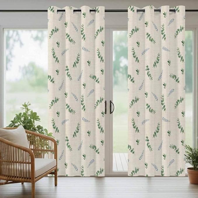 Leaf Outdoor Curtains for Patio Summer Jugal Leaves Pastoral Plant Linen Waterproof Outside Curtains with Grommet Top Weatherproof Curtain for Cabana Pergola Gazebo, 1 Panel, 54" W x 108" L