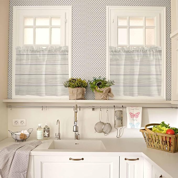 Vintage Country Wooden Board Window Valance Curtains, Gradient Wood Grain Line Light Filtering Kitchen Valance with 3-inch Rod Pocket for Living Room Bathroom Bedroom,2 Panel,27.5x24In