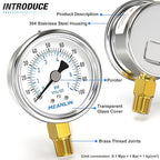 MEANLIN MEASURE 0~100Psi Dry Pressure Gauge Stainless Steel 1/4" NPT 2" FACE DIAL Waterproof for Well Pump Water Tire Water Pressure Tester Lower Mount, with 1/2" NPT and 3/8" NPT Hex Bushing