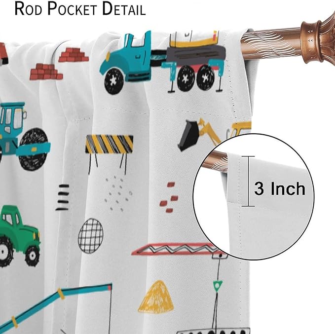 Construction Window Curtains, Kids Cartoon Construction Machines Building Hand Drawn Doodle Rod Pocket Decorative Windows Curtain for Children Teens Room Decor 42x54in (30% Blackout)