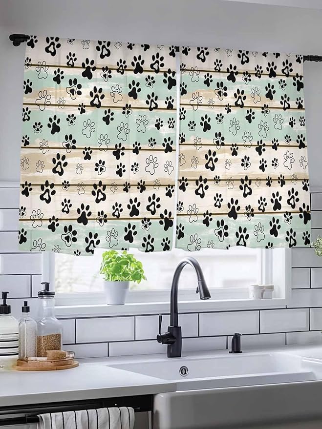 Sheer Curtains 45 Inch Length, Sage Green Beige Farmhouse Semi Sheer Curtains Light Filtering Window Treatment, Black Dog Paw Vintage Wooden Privacy Voile Drapes for Living Room Bedroom 52x45 Inch