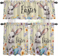 Happy Easter Kitchen Curtains Set 3 Piece for Windows,Rod Pocket Valance and Tier Set 24 Inch Length,Spring Grey Bunny Colorful Eggs Flower Brown Light Filtering Cafe Curtains for Living Room