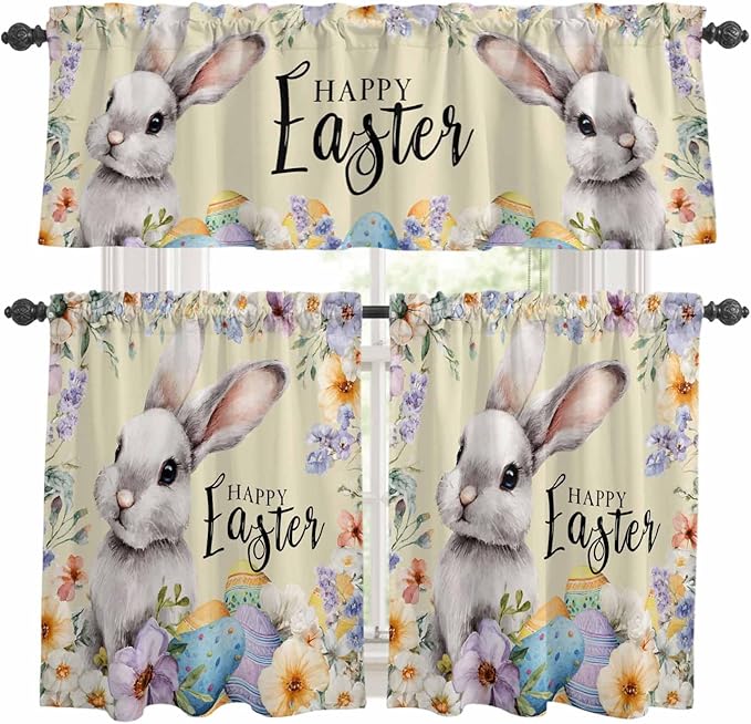Happy Easter Kitchen Curtains Set 3 Piece for Windows,Rod Pocket Valance and Tier Set 36 Inch Length,Spring Grey Bunny Colorful Eggs Flower Brown Light Filtering Cafe Curtains for Living Room