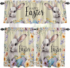 Happy Easter Kitchen Curtains Set 3 Piece for Windows,Rod Pocket Valance and Tier Set 36 Inch Length,Spring Grey Bunny Colorful Eggs Flower Brown Light Filtering Cafe Curtains for Living Room