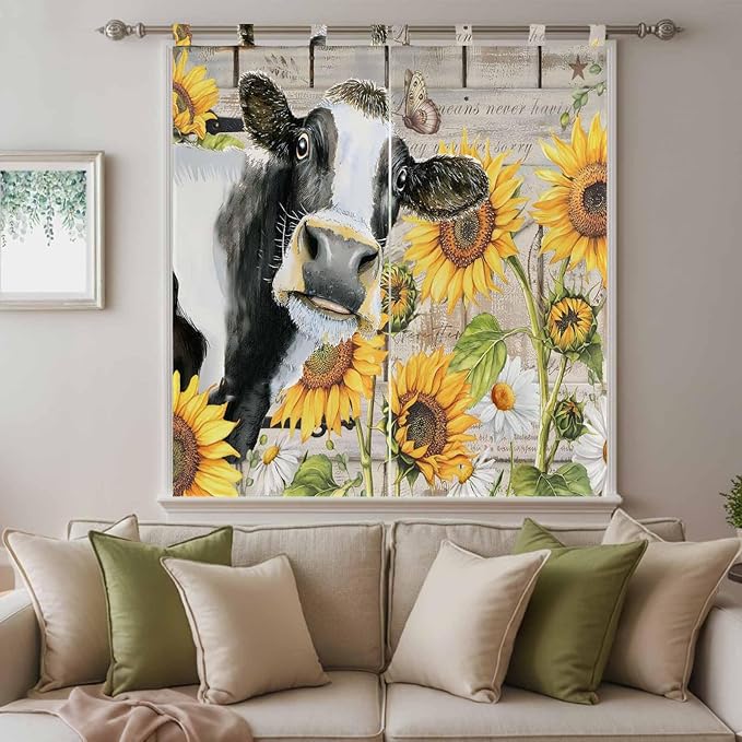 Yellow Sunflowers Bathroom Curtains 63 Inch Length, Window Curtains Tab Top, Farmhouse Cow Barn Doors Floral Butterfly Light Filtering Window Treatments Drapes 52"x63" 2 Panel