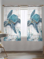 Sheer Curtains 63 Inch Length, Teal Green Sea Turtle Semi Sheer Curtains Light Filtering Window Treatment, Summer Ocean Seaweed Wood Grain Privacy Voile Drapes for Living Room Bedroom 52x63 Inch