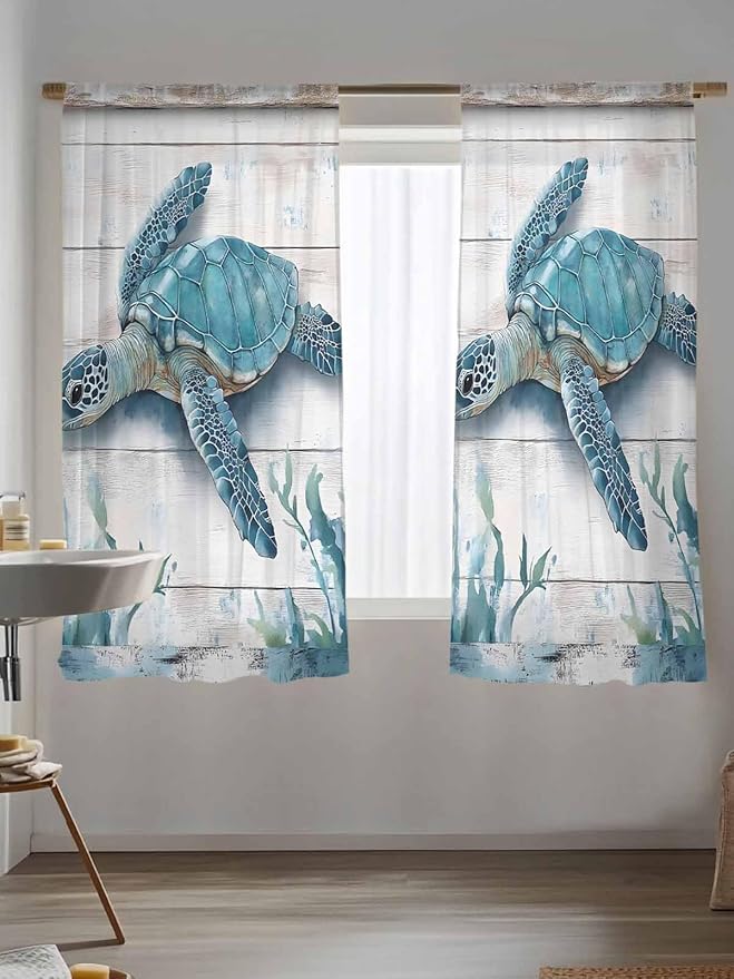 Sheer Curtains 72 Inches Long, Teal Green Sea Turtle Semi Sheer Curtains Light Filtering Window Treatment, Summer Ocean Seaweed Wood Grain Privacy Voile Drapes for Living Room Bedroom 52x72 Inch