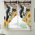 Retro Farmhouse Flower Swag Valances for Windows, Yellow Sunflowers Cow Barn Doors Brown Rod Pocket Kitchen Curtains Valance, Small Window Curtains Swag for Cafe Living Room, 2 Panels, 36x36 inch