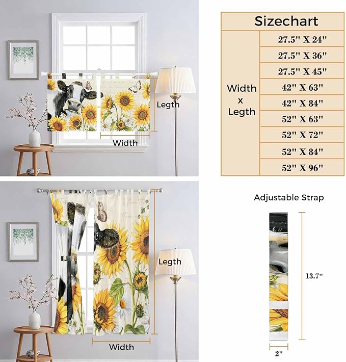 Yellow Sunflowers Kitchen Curtains 36 Inch Length, Small Window Curtains Tab Top, Country Cow Flower Butterfly Farmhouse Cream Light Filtering Short Window Treatments Tier Drapes 27.5"x36" 2 Panel