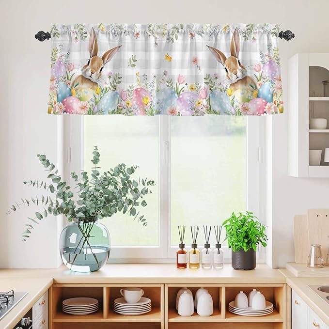 Kitchen Curtains Tiers and Valance Set of 3, Easter Light Filtering Window Curtain Set, Spring Rabbit Eggs Blooms Flowers Leaf Grey Plaid Rod Pocket Curtain Drapes for Living Room, 24 Inches Tiers