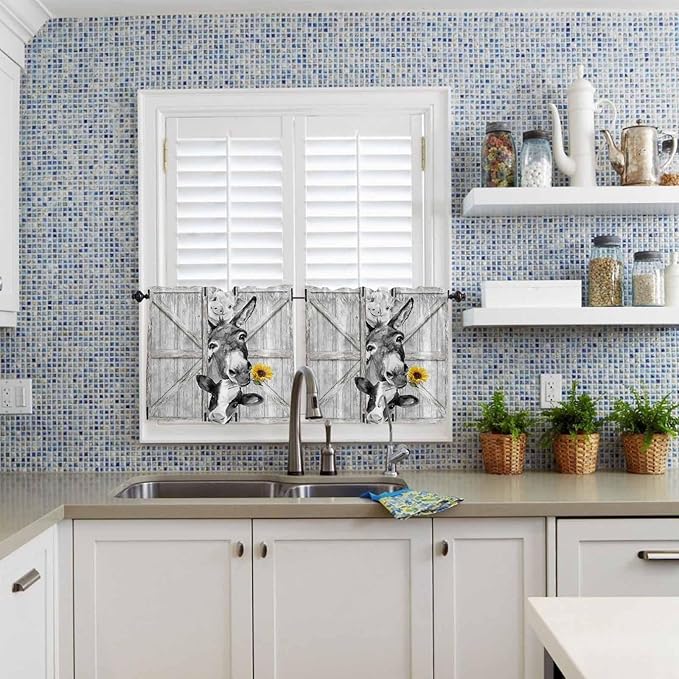 Grey Farmhouse Half Window Curtain 36 Inches Long, Vintage Sunflowers Animals Printed Window Treatment Curtain Drapes, Small Tier Curtains for Bathroom Over Sink, 27.5"x36", 2 Panels