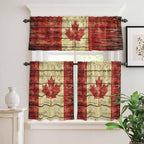 Kitchen Curtains Tiers and Valance Set of 3, Canada Light Filtering Window Curtain Set, Red Maple Leaf Flag Farmhouse Shabby Wooden Grain Rod Pocket Curtain Drapes for Living Room, 36 Inches Tiers