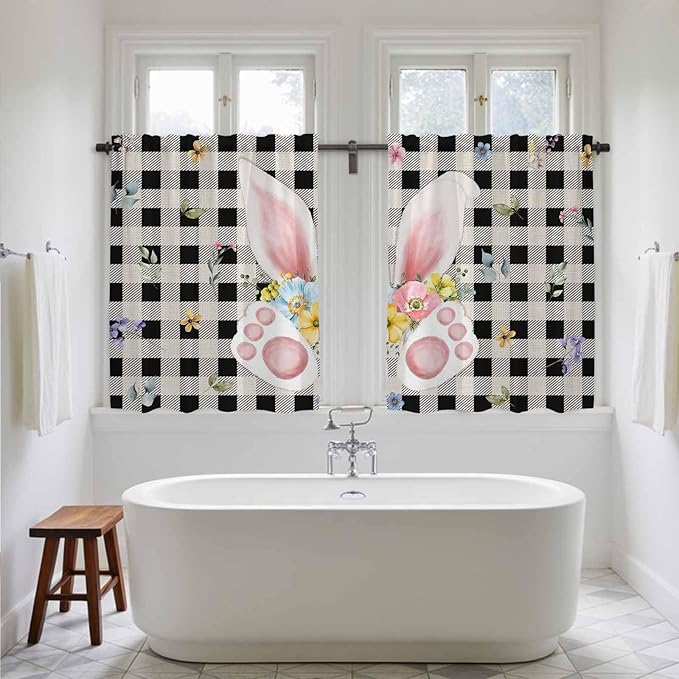 Easter Kitchen Curtains 54 Inch Long 2 Panel Set, Rod Pocket Window Curtains Panels, Spring Rabbits Ears Feet Wildflowers Black Plaid Light Filtering Drapery Draperies for Bathroom Bedroom 52"W x 54"L