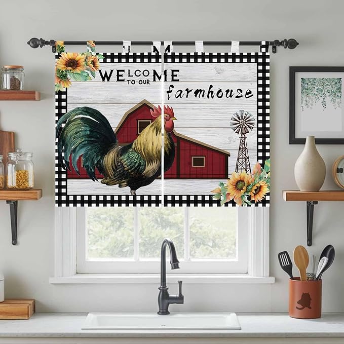Farmhouse Rooster Bedroom Curtains 63 Inch Length, Window Curtains Tab Top, Rustic Red Barn Windmill Sunflowers Light Filtering Window Treatments Drapes 42"x63" 2 Panel