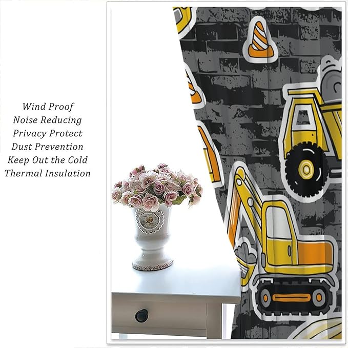 Kids Construction Excavator Window Curtains, Yellow Excavator Transporter Truck Cartoon Vehicles Rod Pocket Decorative Window Curtain for Children Teens Room 63x72in (30% Blackout)