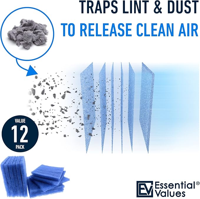Essential Values 12 Pack Dryer Filter Replacement - Compatible with Better Vent Indoor Dryer Vent (60 Dryer Loads Total)