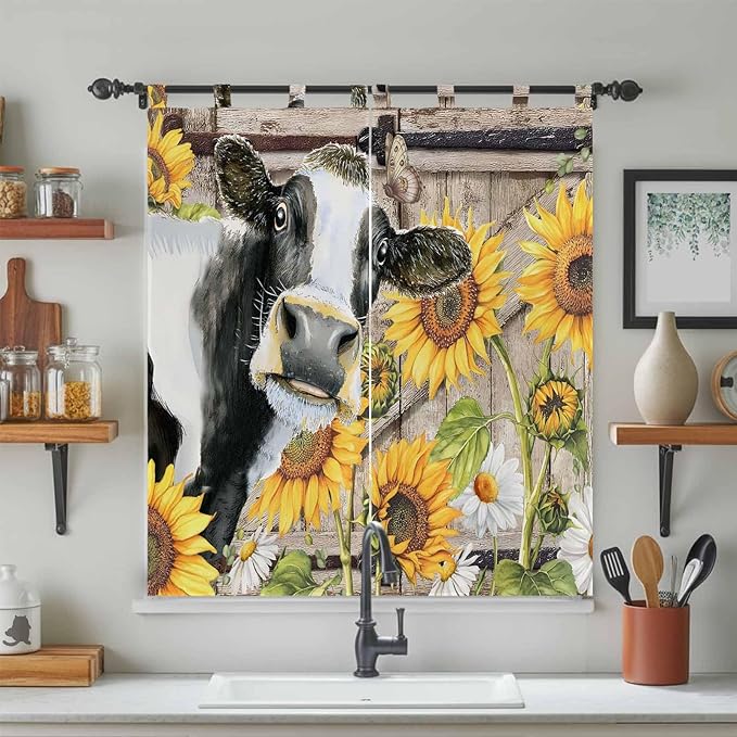 Retro Farmhouse Flower Bedroom Curtains 72 Inch Length, Window Curtains Tab Top, Yellow Sunflowers Cow Barn Doors Brown Light Filtering Window Treatments Drapes 52"x72" 2 Panel