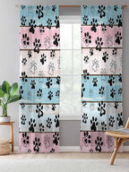 Sheer Curtains 84 Inches Long, Blue Pink Dog Paws Prints Semi Sheer Curtains Light Filtering Window Treatment, Farmhouse Beige Wood Privacy Voile Drapes for Living Room Bedroom 52x84 Inch